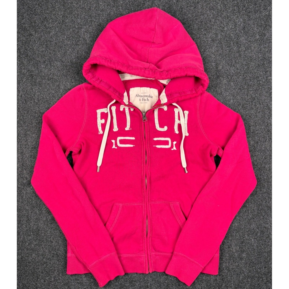 Y2K Abercrombie & Fitch Pink Sequin Logo Zip Up Hoodie Sweatshirt Womens Small